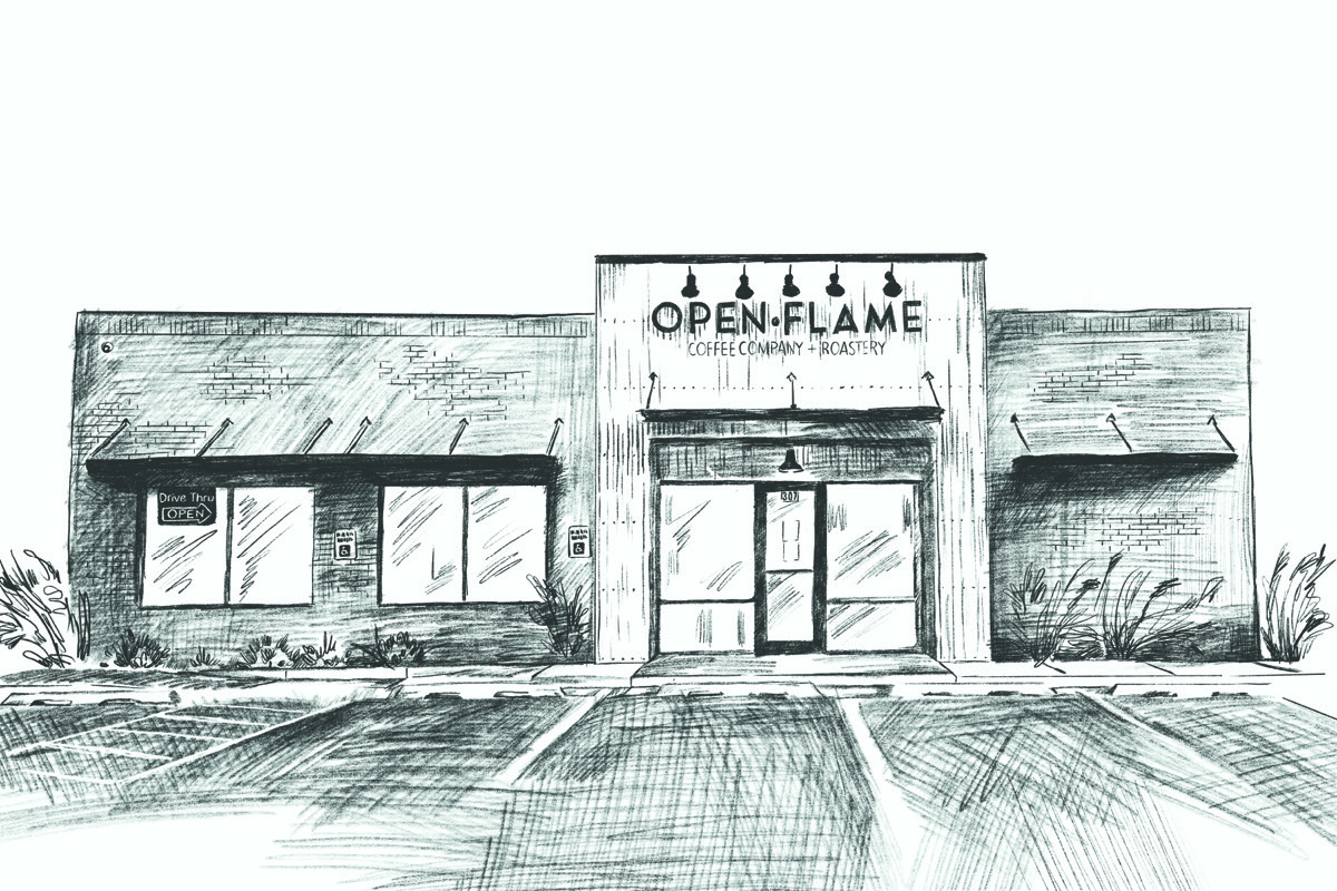 Hand-drawn view of the OpenFlame storefront in Midwest City
